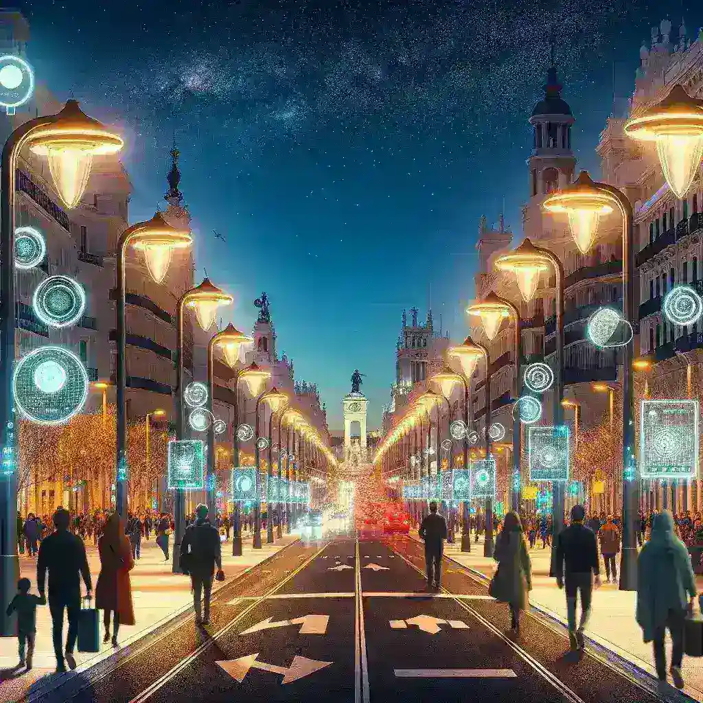 "Iluminación pública en Madrid gestionada por inteligencia artificial, mostrando farolas modernas iluminando una calle nocturna con tecnología avanzada."
